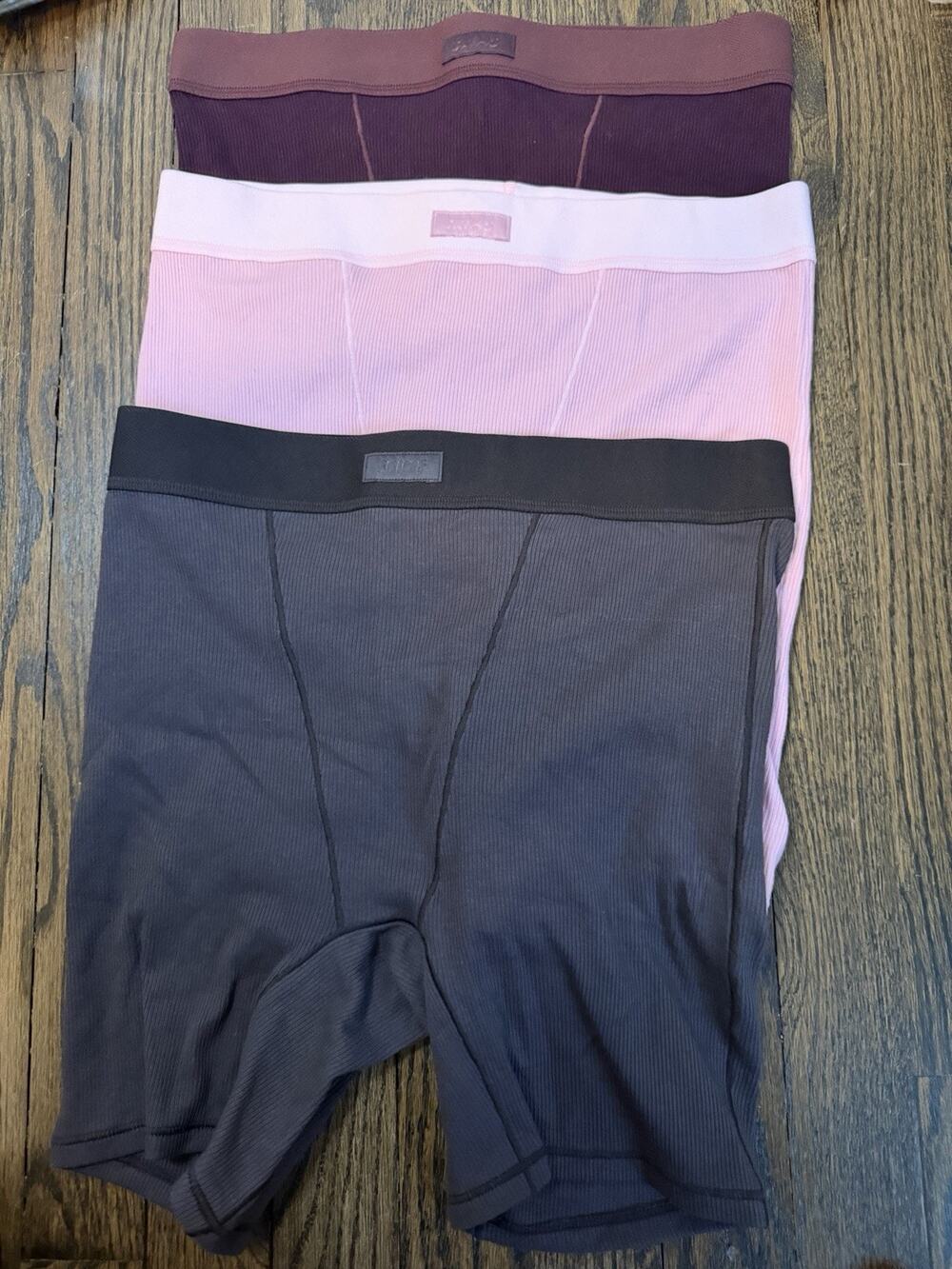 SKIMS Cotton Rib Boxer 3-Pack Womens Sz S Pink Burgundy Brown NEW